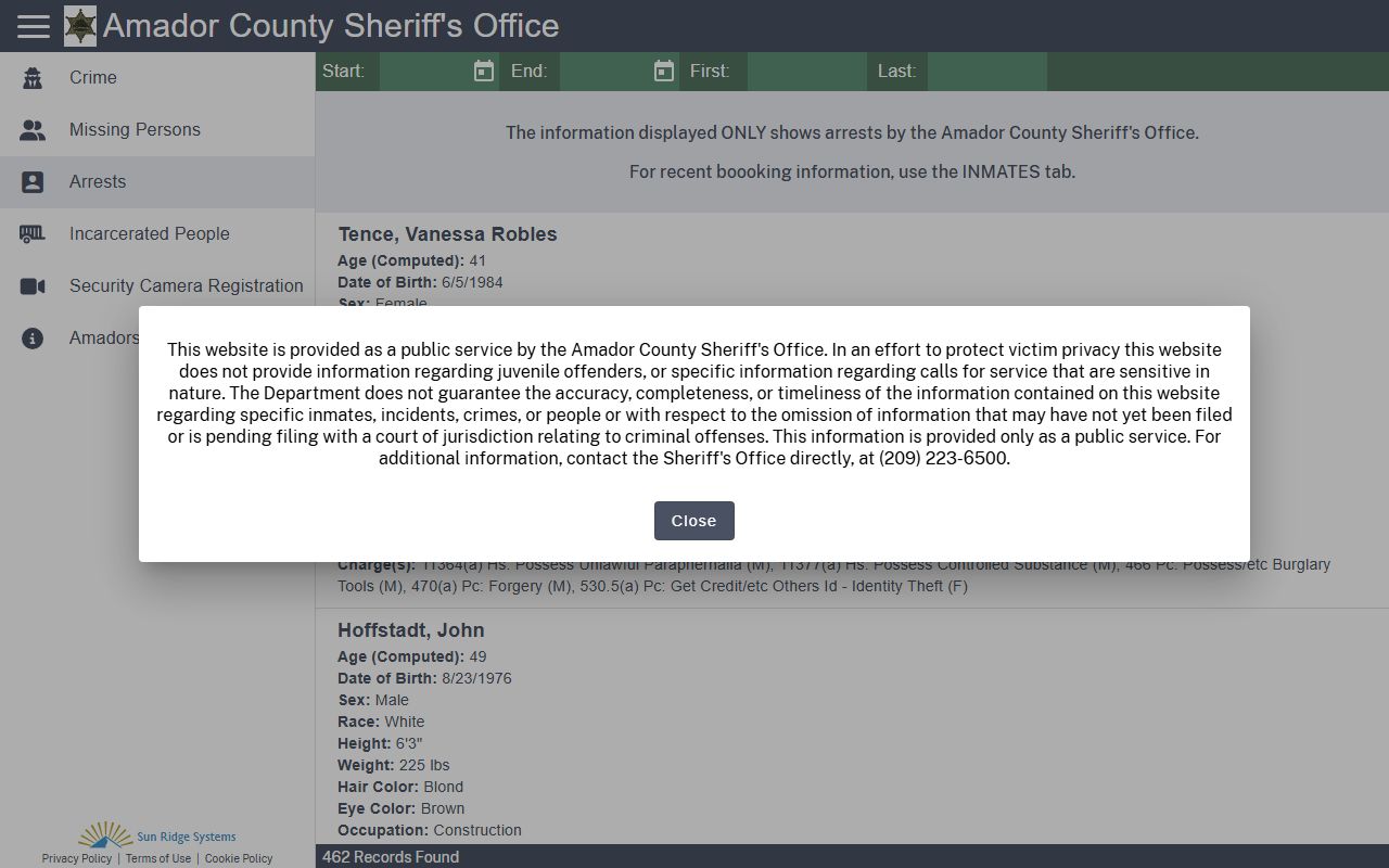 Amador County jail mugshots related Citizen RIMS arrests page without public booking photos