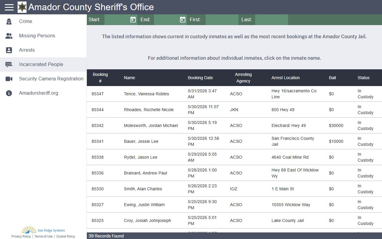 Amador County Citizen RIMS incarcerated people jail roster