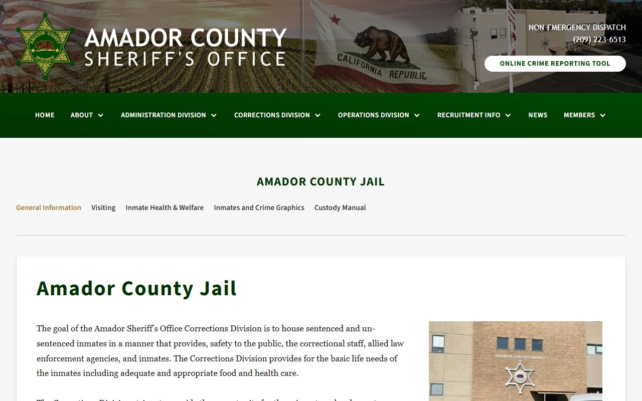 Amador County Jail inmate lookup general information page