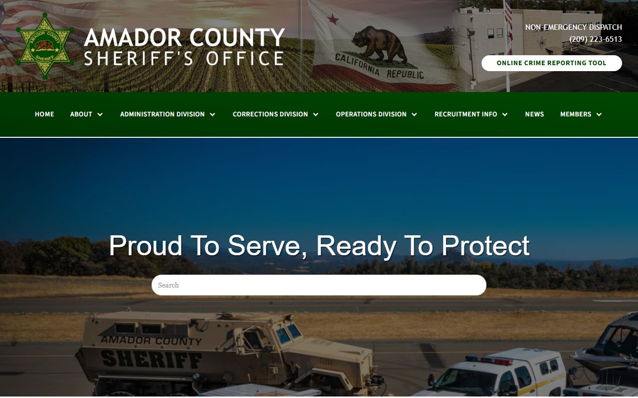 Amador County Sheriff's Office homepage with inmate population record links